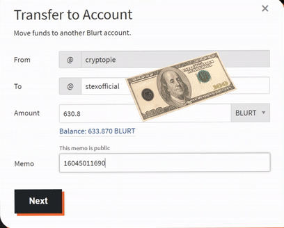 Transfer to stexofficial with your STEX wallet memo