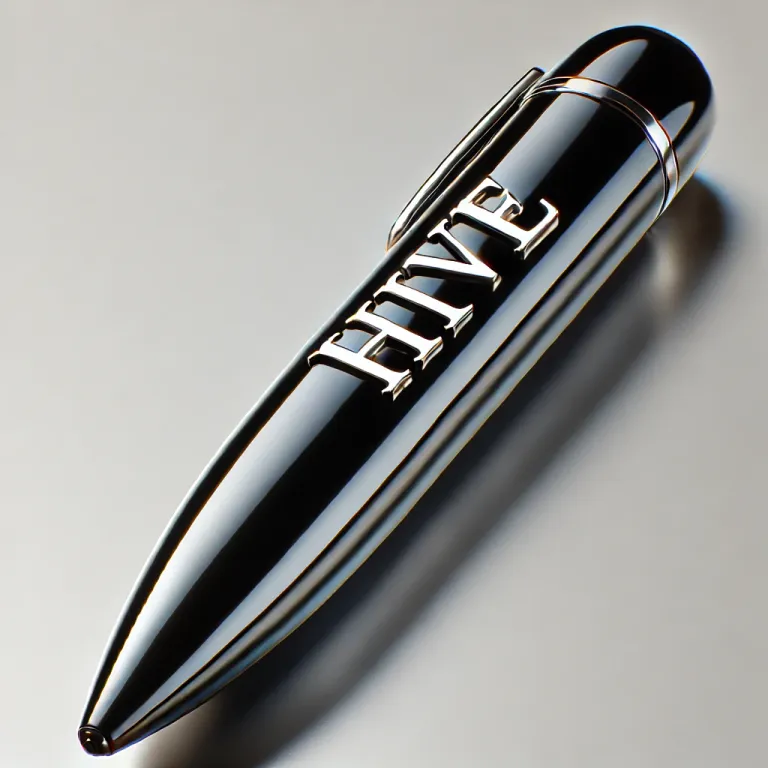 DALL·E 2025-01-21 00.09.35 - A realistic image of a sleek plastic pen with the word 'HIVE' embossed on its body. The pen is modern and smooth, with a glossy black finish, and the .webp