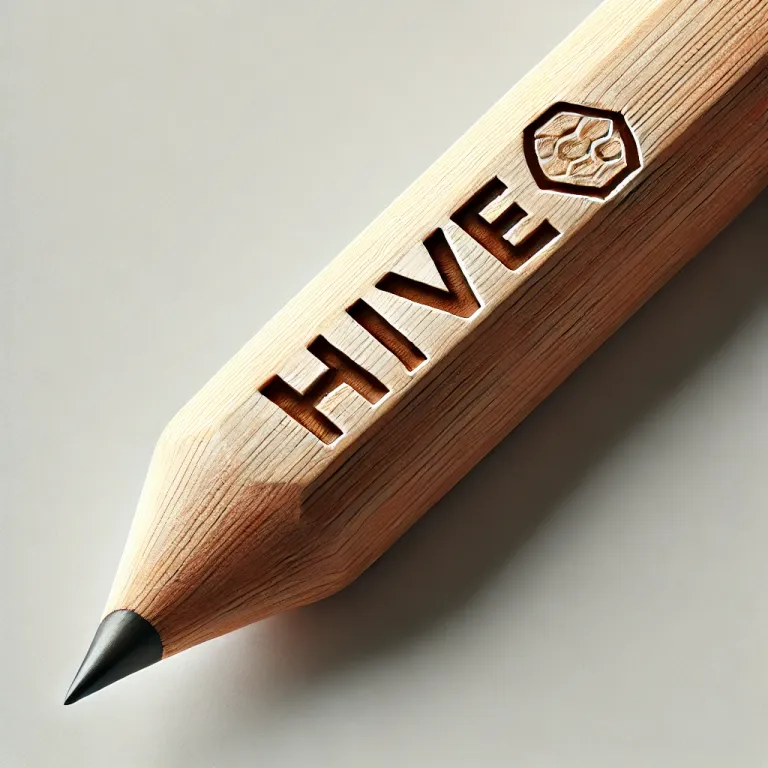 DALL·E 2025-01-20 23.12.01 - A realistic wooden pencil with the word 'HIVE' embossed on its side in a clean, modern font. The pencil is sharpened and placed on a light background,.webp