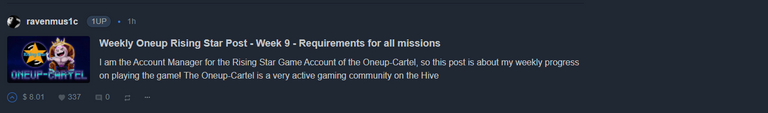 @ravenmus1c Weekly Oneup Rising Star Post - Week 9 - Requirements for all missions