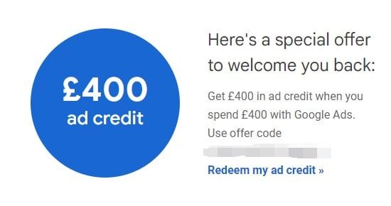 Free 400 GBP Google Adwords Credit