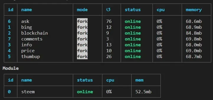 PM2 Manager shows running Steem Blockchain Processes