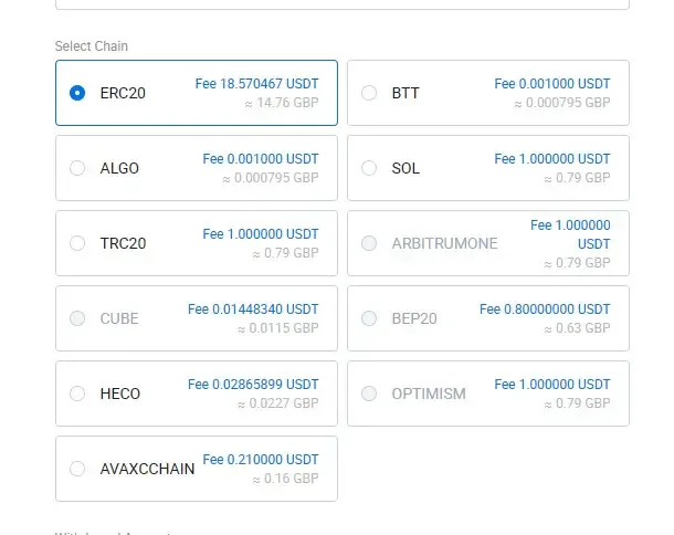 USDT (crypto coin) Withdraw Fees on different chains (blockchain)