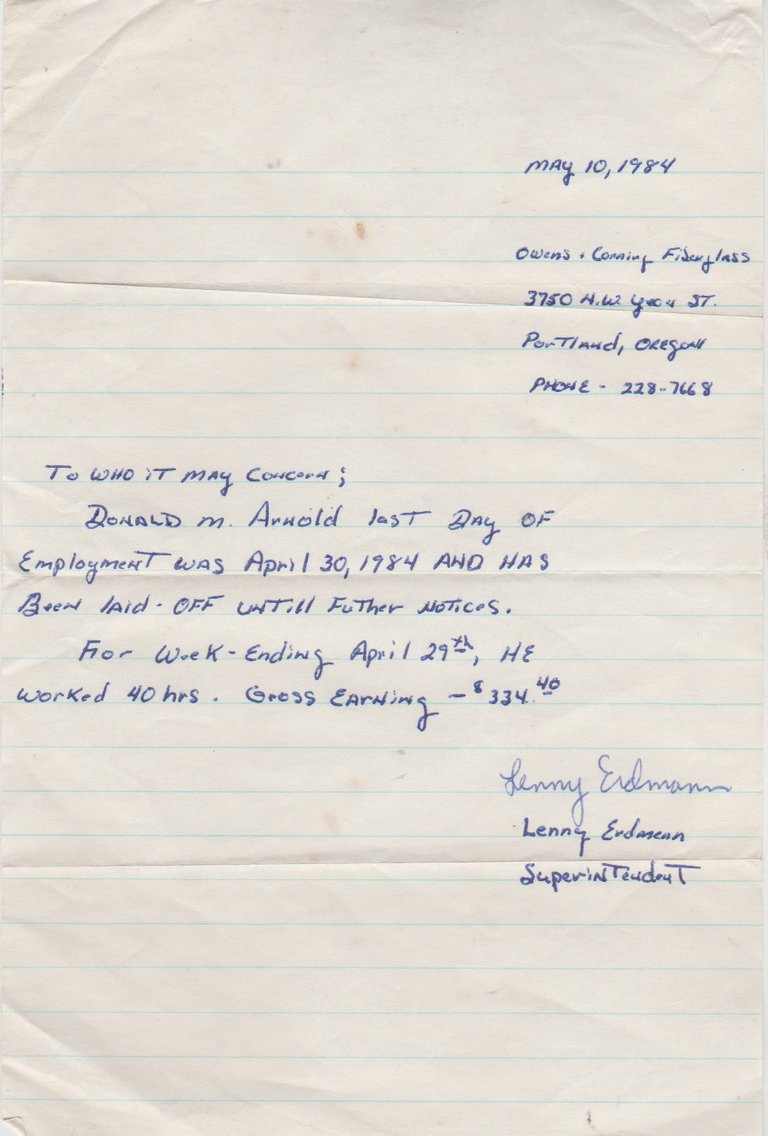 1984-04-30 - Monday - Don Arnold Fired from Owens Corning - Paid $334.40 for the last 40hr-week - 1984-05-10 - Thursday - Written by Lenny.png