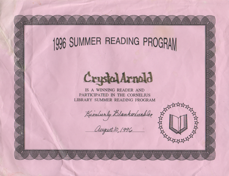 1996-08-10 - Saturday - Crystal Arnold, Summer Reading Program, Winning Reader, Participant, Certificate.png