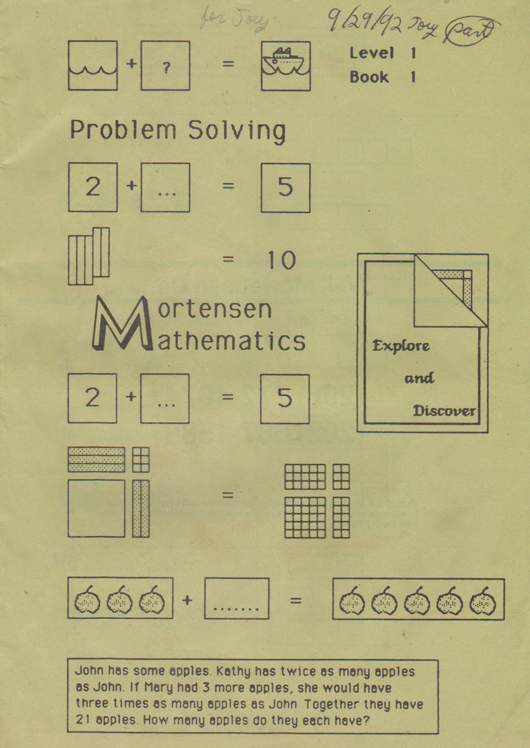 1992-09-29 - Tuesday - Joey Math - Mortensen Mathematics Book - Addition - Level 1, Book 1 - some of the 20+pages were scanned - Problem Solving-1.png