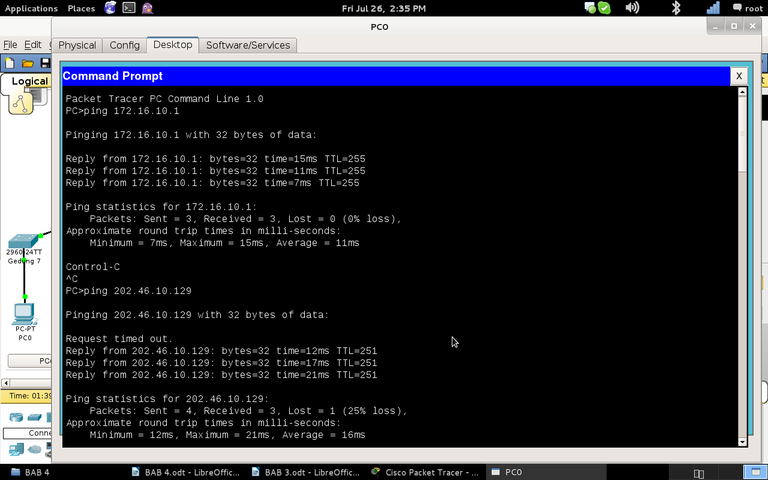 Gambar 4.18 PING dari PC0 ke VLAN 10 dan Modem.png