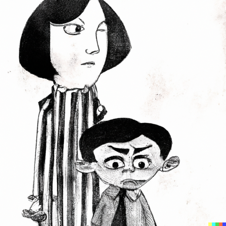 DALL·E 2024-02-08 02.16.27 - Caricatura de estilo de los años 30, de un niño con miedo sobreprotegido por sus padres..png