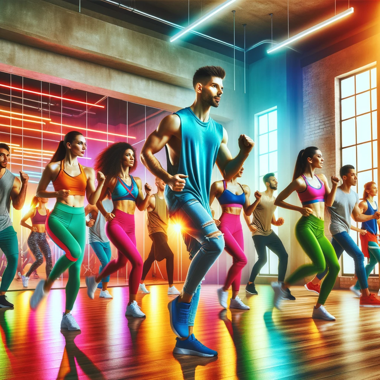 DALL·E 2023-12-19 21.17.34 - A colorful and energetic scene of a group fitness class in a studio. The image shows men and women of various descents, wearing vibrant workout clothe.png