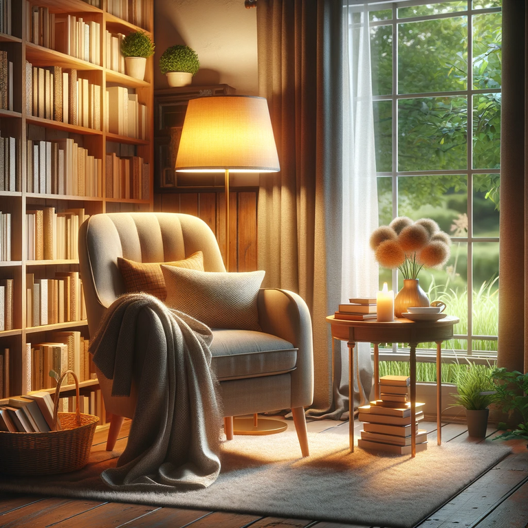 DALL·E 2023-12-24 16.41.31 - A cozy reading nook with a comfortable armchair, a soft throw blanket, and a small bookshelf filled with books. A warm, glowing table lamp provides li.png