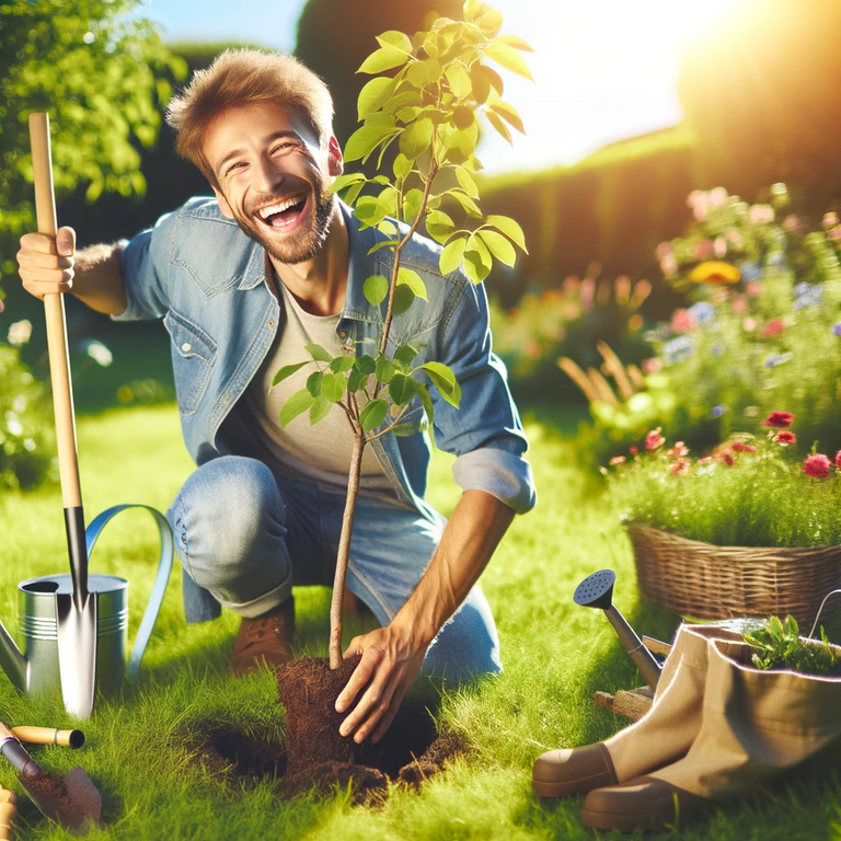 DALL·E 2023-12-22 21.02.12 - A person happily planting a young tree in a garden, with gardening tools and a watering can nearby, sunny day, green grass and flowers in the backgrou.png