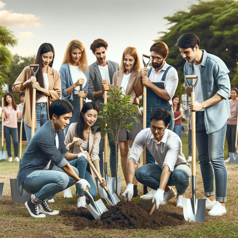 DALL·E 2023-12-22 21.02.25 - A group of people of different ages and backgrounds working together to plant trees in a community park, showing teamwork and environmental awareness,.png