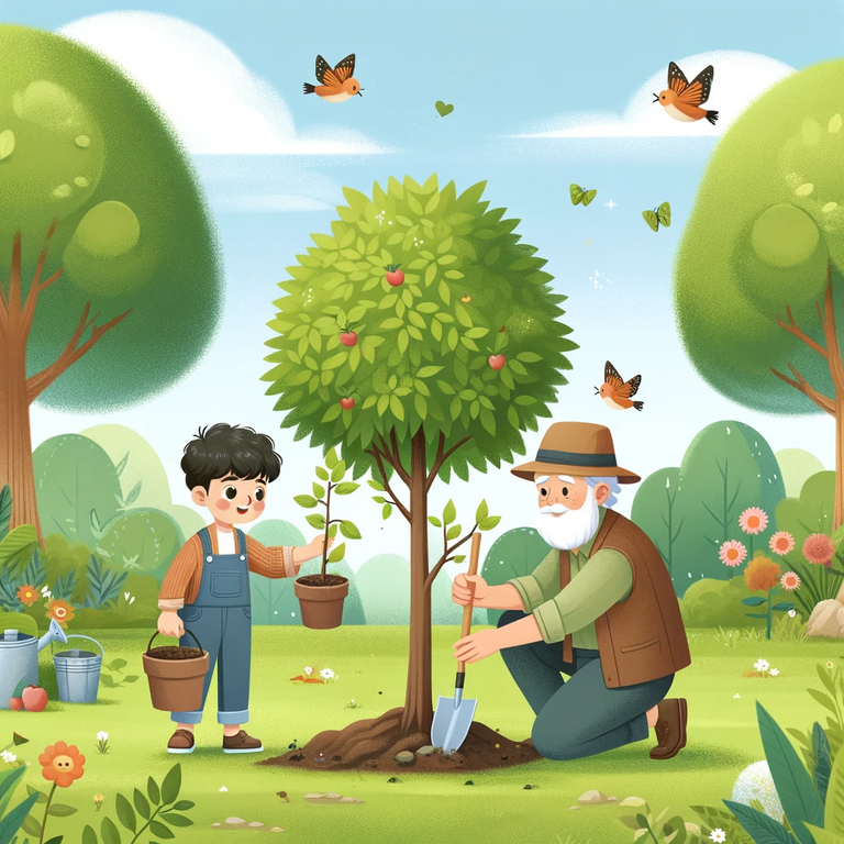 DALL·E 2023-12-22 21.02.49 - A child learning to plant a tree, guided by an adult, in a lush green backyard, showing the educational aspect of tree planting, with birds and butter.png