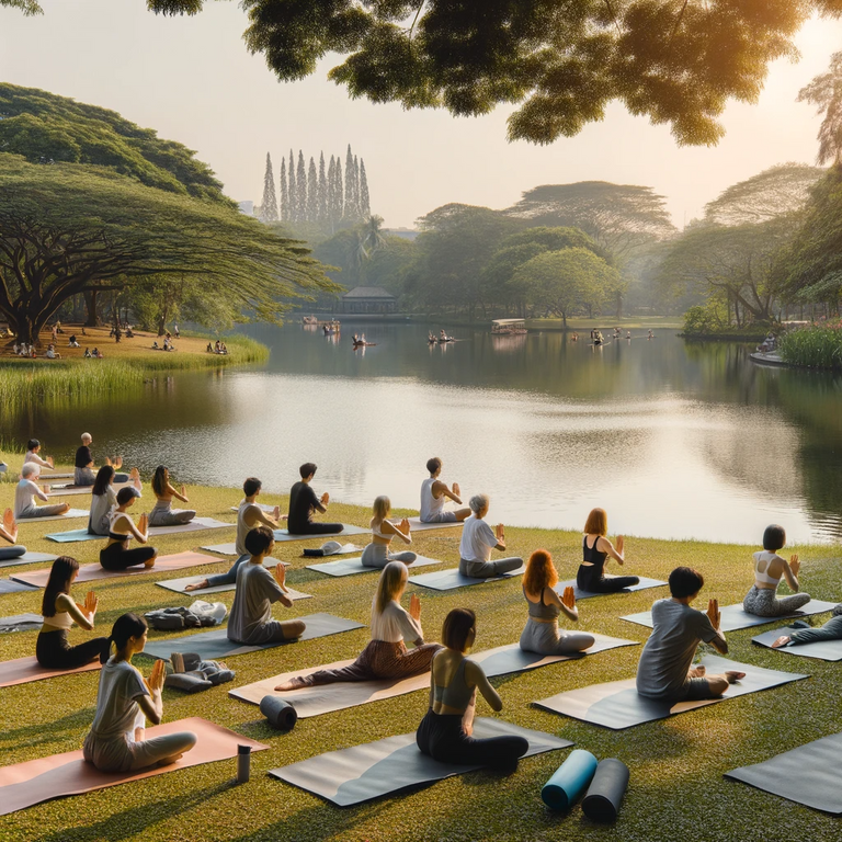 DALL·E 2023-12-19 21.17.22 - An outdoor yoga class in a tranquil park setting. The scene shows a group of individuals of various ages and ethnicities practicing yoga on mats sprea.png