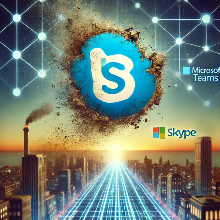 DALL·E 2025-03-07 19.36.40 - A symbolic digital illustration depicting the rise and fall of Skype. The image features an old, faded Skype logo crumbling into dust, while the Micro.webp