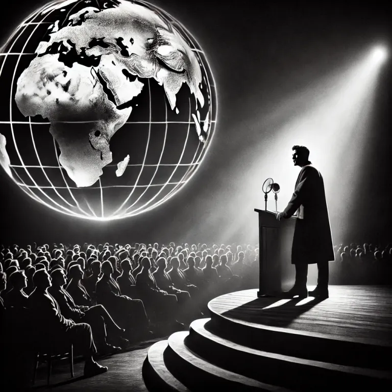 DALL·E 2025-03-07 10.00.40 - A dramatic black-and-white illustration of a man standing on a stage, delivering a powerful speech. The background features a large gl.webp