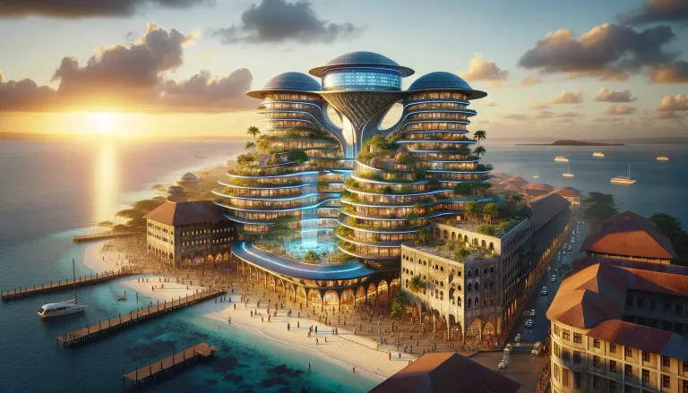 DALL·E 2024-06-14 13.38.58 - A major Afrofuturistic hotel in Zanzibar, blending traditional Swahili architectural elements with futuristic technology. The hotel is characterized b.webp