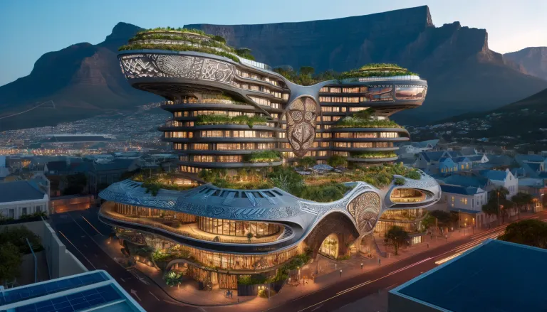 DALL·E 2024-06-14 13.30.30 - An Afrofuturistic hotel in Cape Town, South Africa, showcasing a blend of traditional African design and futuristic architecture. The hotel's structur.webp