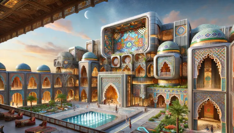 DALL·E 2024-06-14 14.00.09 - An ultra-realistic, Afrofuturistic hotel in Morocco, inspired by the country's rich cultural heritage. The design features a blend of traditional Moro.webp