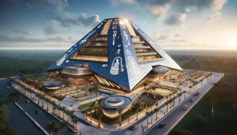 DALL·E 2024-06-14 13.35.20 - An Afrofuturistic hotel in Egypt, combining ancient Egyptian architectural themes with futuristic design elements. The hotel is shaped like a modern p.webp