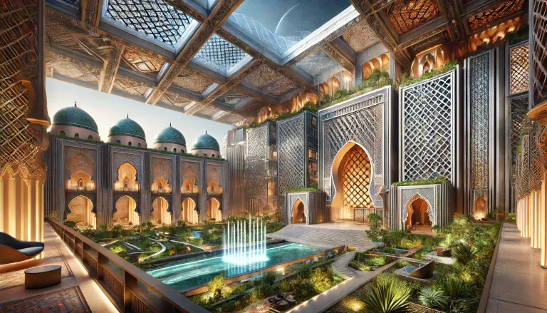 DALL·E 2024-06-14 14.07.26 - An ultra-realistic, Afrofuturistic hotel in Morocco, blending traditional Moroccan architecture with futuristic design elements. The hotel features gr.webp