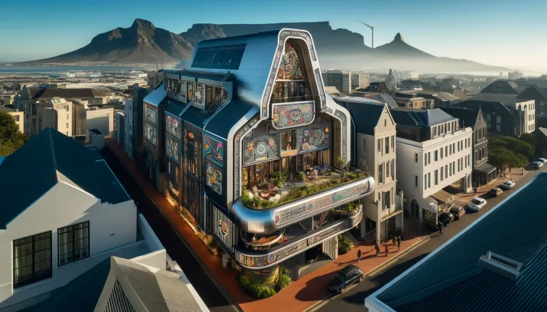 DALL·E 2024-06-14 13.30.36 - An Afrofuturistic hotel in Cape Town, South Africa, that captures the essence of the city's modern vibe and rich cultural heritage. The hotel's archit.webp