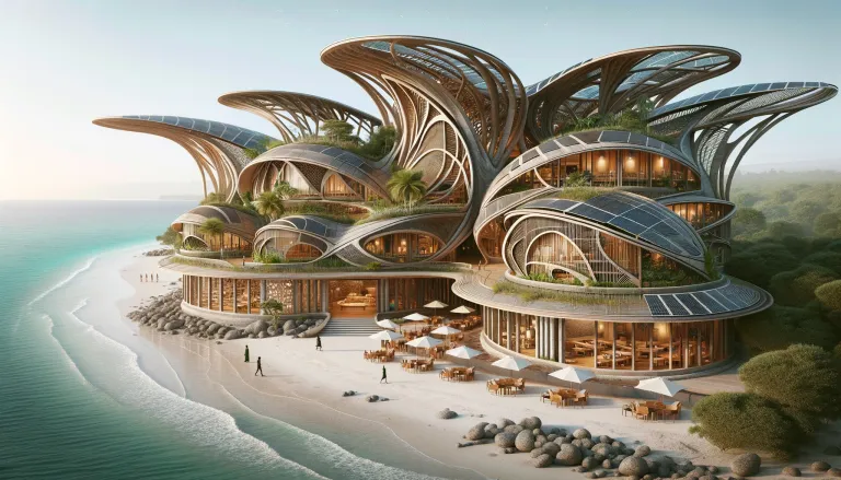 DALL·E 2024-06-14 13.38.38 - An Afrofuturistic eco-lodge in Zanzibar, blending traditional Swahili architectural styles with advanced sustainability features. The structure is des.webp