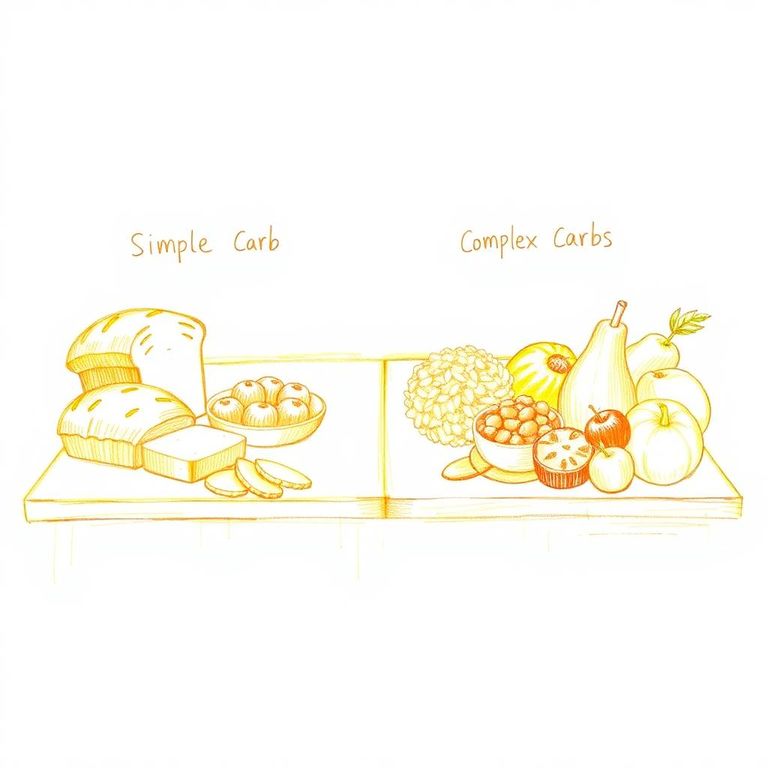 Hand-drawn sketch, warm golden light illuminates a table divided into two sections. One side displays simple carbs white bread and pastries. The other side shows complex carbs brown rice, quinoa, and fresh fruits. .jpg