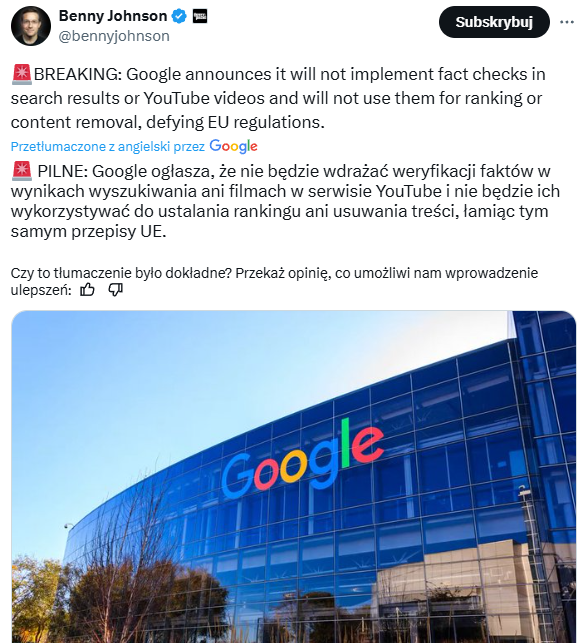 Meta a teraz Google rezygnuje z fact-checkerów?