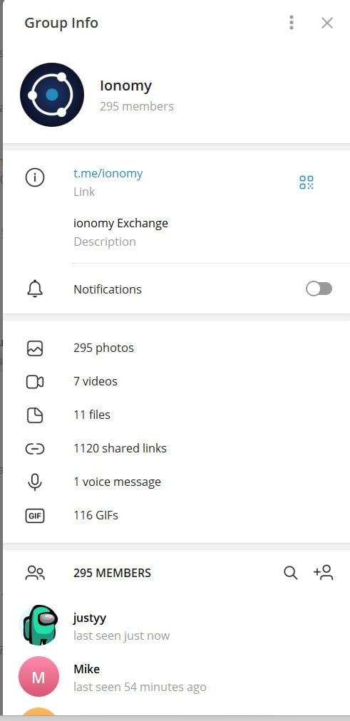 The Telegram group of the Ionomy exchange has fewer than 300 members.