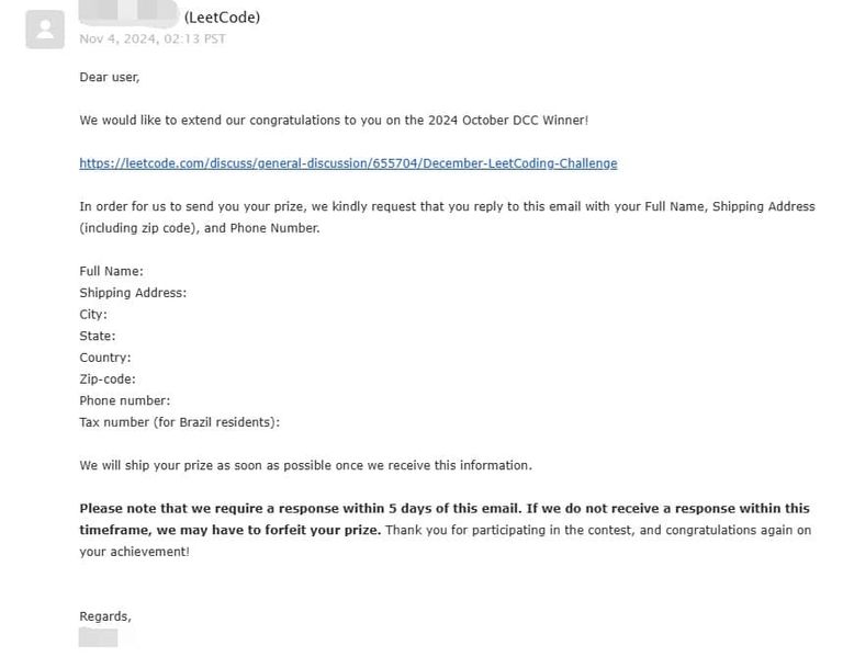 This reward email from LeetCode was sent to another inbox, and I almost missed it.